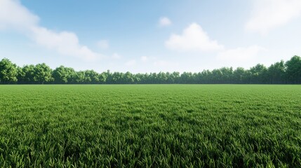 Obraz premium Expansive green field with a tree line under a clear sky.