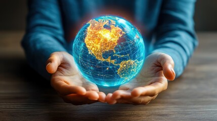 A person holds a glowing, digital globe, representing global connection and technology in a vibrant, futuristic style.