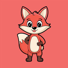 Cute cartoon fox stands, coral background, children's book