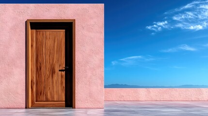 wooden door stands prominently against a textured pink wall, under a clear blue sky. tranquil outdoor setting reveals distant mountains, enhancing the serene atmosphere