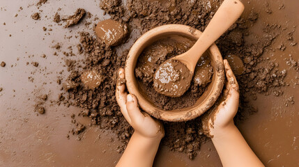 Child's hands holding mud bowl, playing with soil outdoors, messy background, perfect for educational websites or blogs about early childhood development.