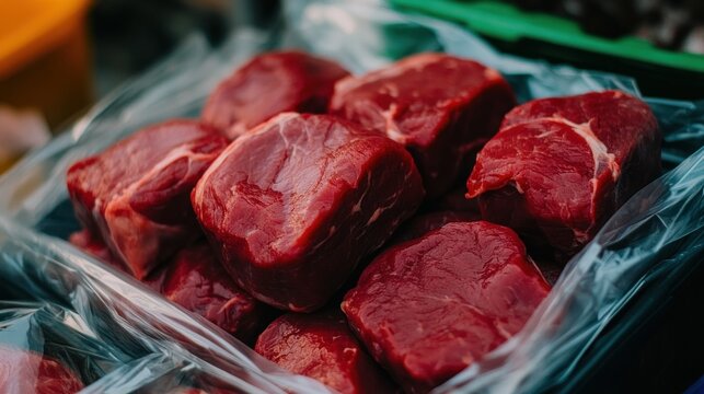 Fresh cuts of red meat are carefully arranged in clear packaging at a local market. Early morning light highlights the rich color, attracting shoppers searching for quality ingredients