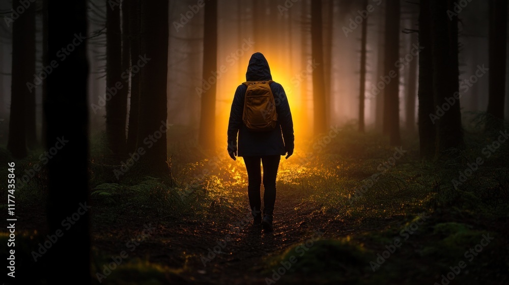 Poster figure with a backpack walks along a forest path surrounded by towering trees and mist, drawn toward