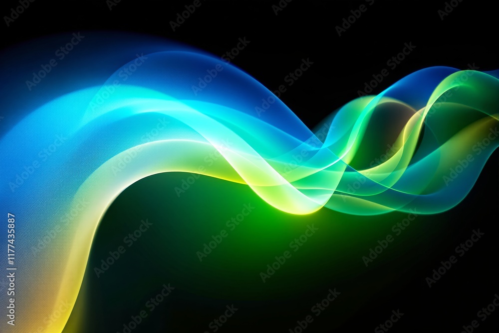 Poster abstract glowing multicolored waves in green, blue, and yellow hues flowing dynamically on a dark gr