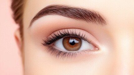 Obraz premium womans captivating brown eye is highlighted with long, dark lashes and a neatly groomed eyebrow. soft pink background adds warmth, emphasizing the eyes beauty and detail