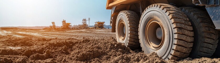 Close-up of heavy truck tires on a construction site.
