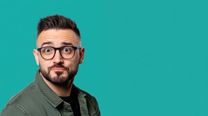 Obraz premium man in a green jacket and glasses displays an exaggerated surprised expression, highlighting his playful demeanor. bright turquoise background enhances the lively atmosphere
