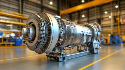 large turbine engine stands prominently in a well-lit manufacturing facility, highlighting its intricate design and advanced engineering. Skilled workers can be seen in the background