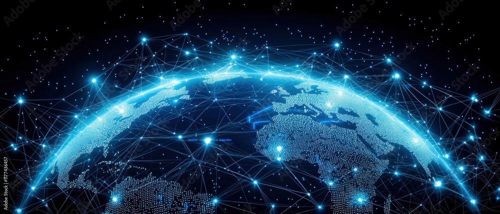 Poster a glowing representation of earth, interconnected by digital lines and points, symbolizing global co