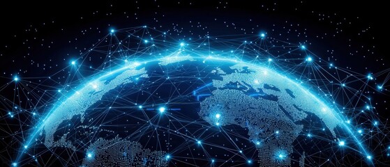 Obraz premium A glowing representation of Earth, interconnected by digital lines and points, symbolizing global connectivity and advanced technology.