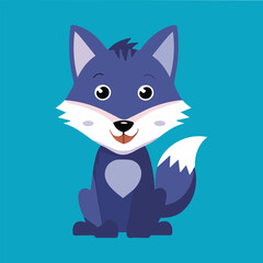 Cute purple fox sitting, blue background, kids, design
