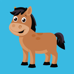 Happy cartoon horse, blue background, kids' book