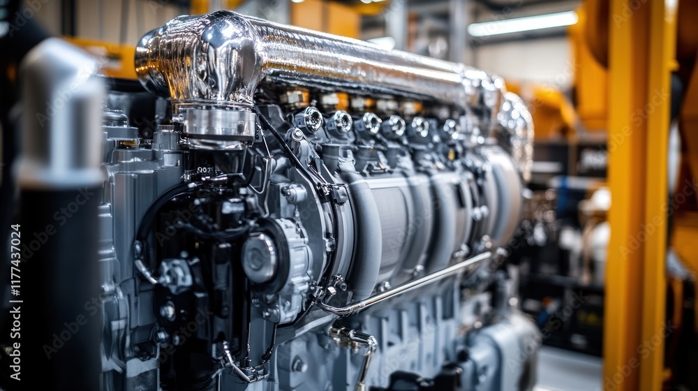 Poster close-up of a complex industrial engine showcasing intricate components and design.