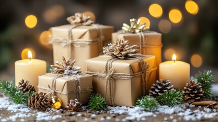 Festive Christmas gifts with candles and pine cones.