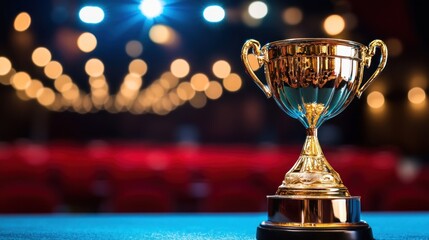 shiny golden trophy stands prominently on a table, illuminated by soft bokeh lights from an auditorium. Red seats create a vibrant atmosphere, emphasizing the achievement being honored