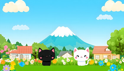 Adorable cartoon cats in a picturesque Japanese village setting, Mount Fuji in the background, idyllic springtime scene.