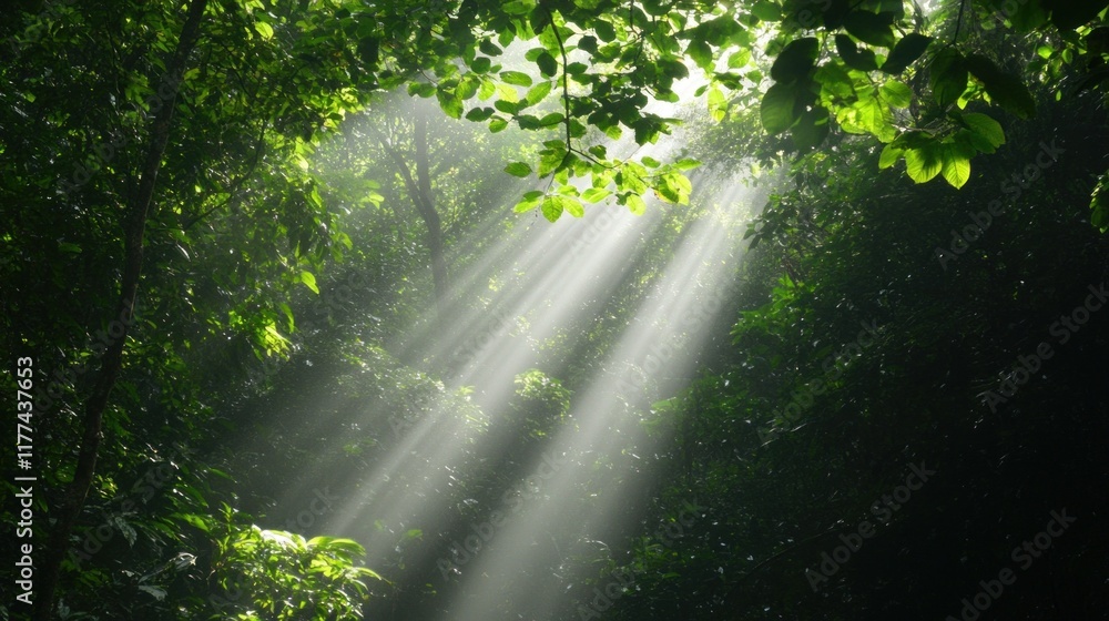 Poster sunlight streams through the thick leaves of a vibrant forest, illuminating the greenery below and c