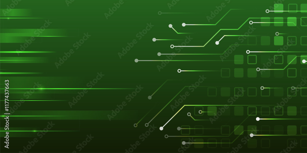 Poster abstract green futuristic background consisting of printed circuit board squares and other technolog