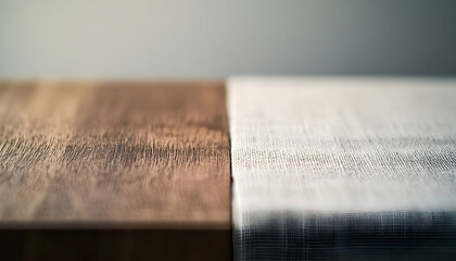 Wooden Tabletop with Linen Cloth: A minimalist tabletop with a natural wood surface and a linen cloth, perfect for showcasing your products or creating a clean and simple aesthetic.  