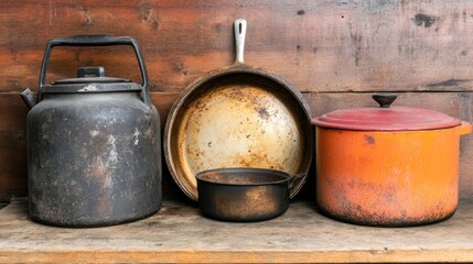 Various pieces of vintage kitchen cookware are arranged on a rustic wooden shelf