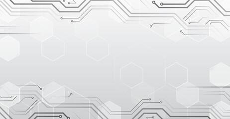 Abstract futuristic communication. Hi-tech grey background with various technology elements. Vector illustration of circuit board and hexagons.