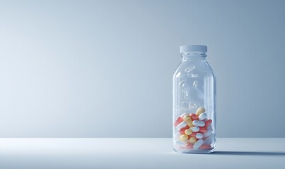 Clear glass bottle filled with various color capsules on white background.