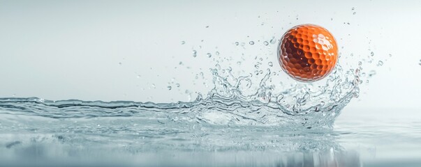 A vibrant orange golf ball splashing into clear water.