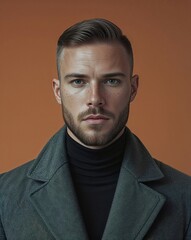 Obraz premium Intriguing Gaze: A captivating portrait of a young man, radiating confidence and sophistication, with a piercing gaze and a stylishly casual attire. His short.
