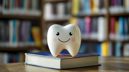 Content tooth mascot resting on book in library
