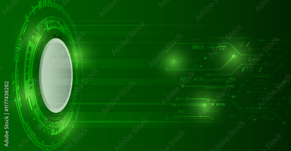 Poster Technological geometric background consisting of circles on a green background. Internet communications, big data, digital technologies. High tech banner.