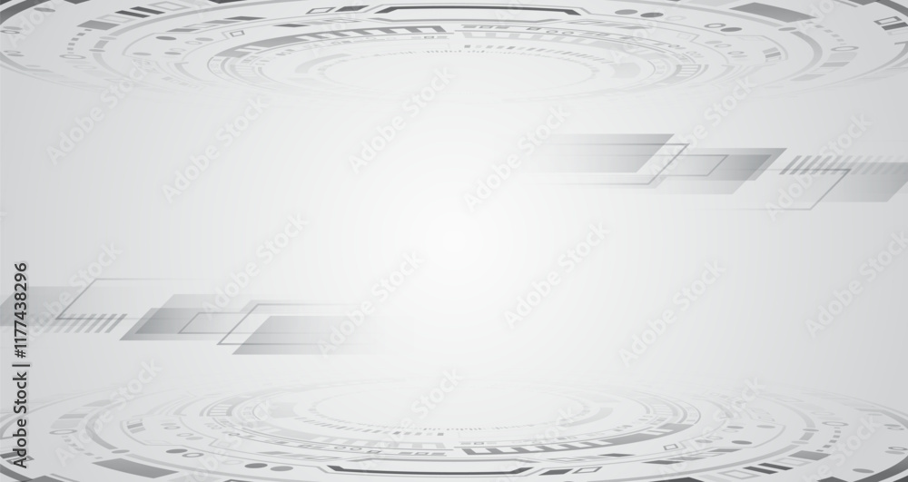 Poster Sci-fi gray background with various technology elements. Science concept, circles with shadows and lines. Abstract hi tech communication for presentation or banner.