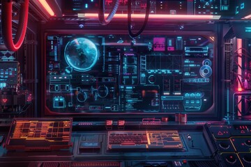 Fototapeta premium Futuristic Control Room with Digital Interfaces and a Holographic Earth