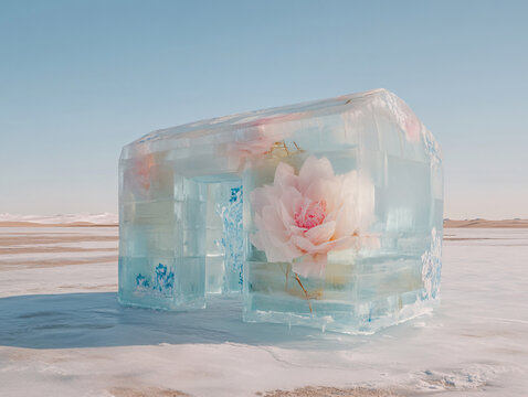 a small, transparent ice structure adorned with pink floral designs, set against a snowy landscape with a clear blue sky. The ice structure stands out as an artistic installation