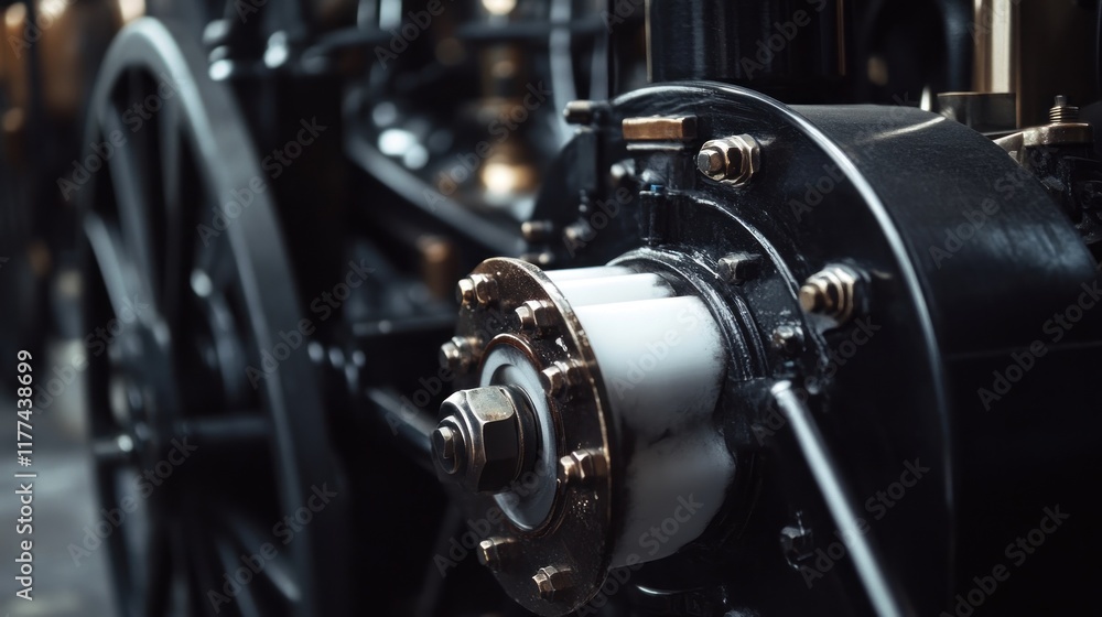 Poster close-up of a vintage steam engine component highlighting mechanical details.