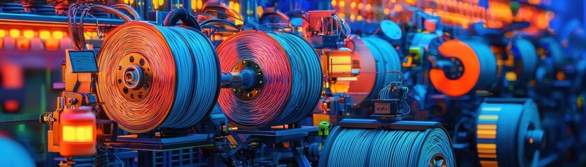 Obraz premium Close-up of machinery components with vibrant lighting effects.