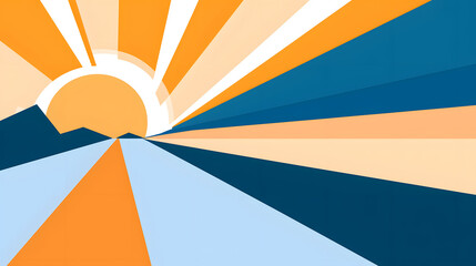 Bright sun rising over mountains with vibrant rays of orange and blue. This abstract illustration captures beauty of nature and energy of new day
