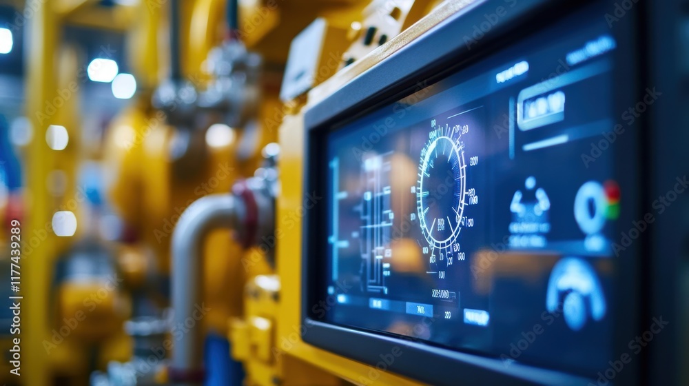 Poster control panel displaying various data and parameters in an industrial setting, with pipes and valves