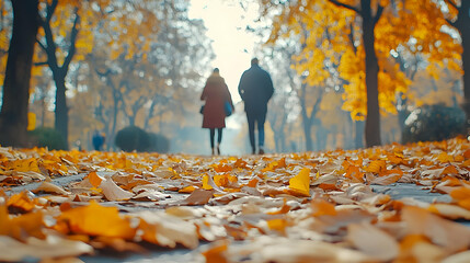 Autumn Walk Illustration: Golden Leaves, Blurred Couple