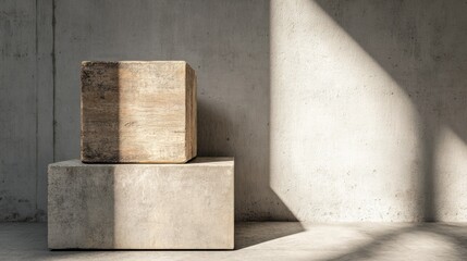 Two concrete blocks positioned at varying heights create a striking focal point in a minimalistic room. Soft shadows accentuate their textures, enhanced by warm, natural light