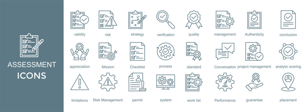 assessment icon set. with icon validity,risk,evaluation,quality,management