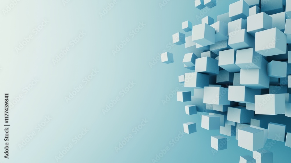 Poster abstract cluster of geometric blue cubes on a soft gradient background