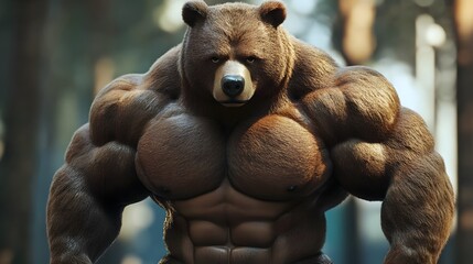 Fototapeta premium 3D render of a muscular bear bodybuilder in a cinematic Unreal Engine style. Fusion of Strength, Power, and Artistic Visualization with Nature. Cartoon Bodybuilder Bear Mascots anima illisturation