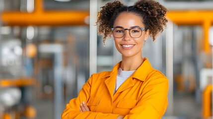 Confident female engineer in factory, arms crossed, smiling. Industrial background, showcasing skilled labor and manufacturing. Use Diversity in STEM, recruitment.