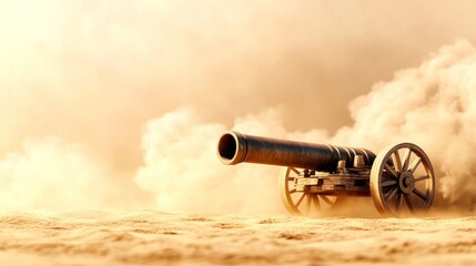 A cannon amidst a dusty landscape, evoking historical warfare.
