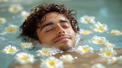 young man floats peacefully in a bath filled with water and delicate flowers, soaking in the tranquility and relaxation of the moment, enjoying a brief escape from daily life