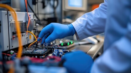 Engineer wearing blue gloves connects wires to a motherboard, engaging in innovative technology within a modern electronics laboratory focused on research and development