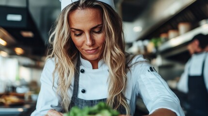 skilled chef focuses on assembling fresh greens while working in a vibrant kitchen filled with the sounds of cooking and the aroma of various dishes being prepared