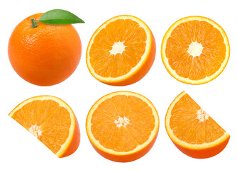 Orange fruit with leaves, half and slices isolated,  transparent PNG, PNG format, cut out