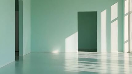 empty room with pastel aqua walls, featuring natural light and shadows. minimalist design creates serene atmosphere, perfect for relaxation or creativity
