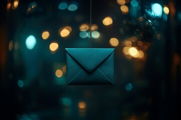 Teal envelope hanging, bokeh lights, night, mystery, greeting card